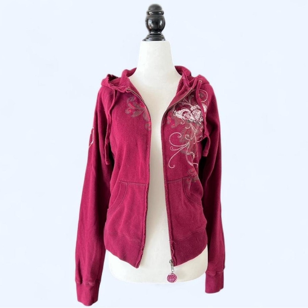 Roxy Pink Graphic Cotton Zip Up Hoodie Sweater Punk Grunge Indie Sleeze Large